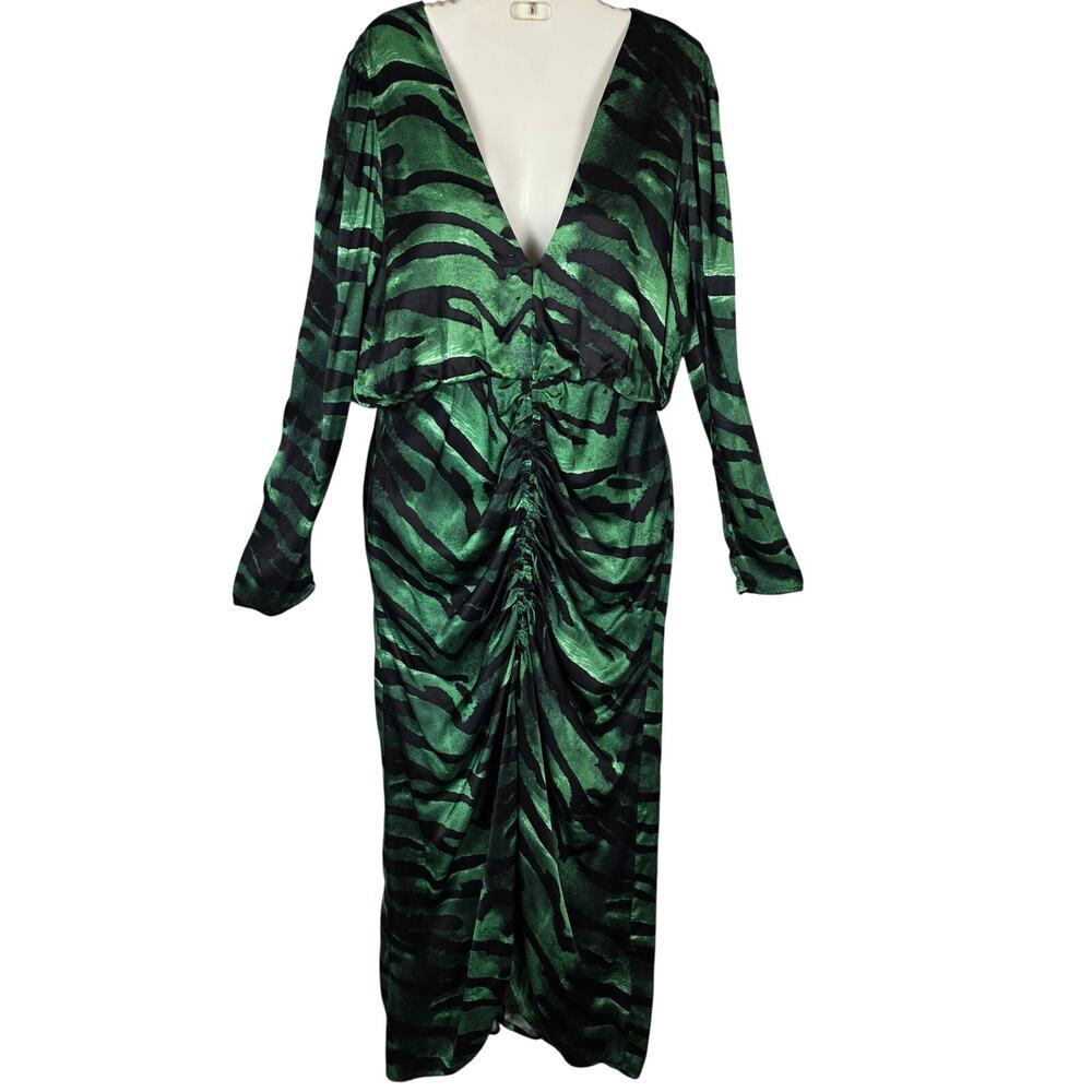 Topshop Green Zebra Print Midi Dress Ruched Front Long Sleeve V Neck Sz 8 - Picture 2 of 11